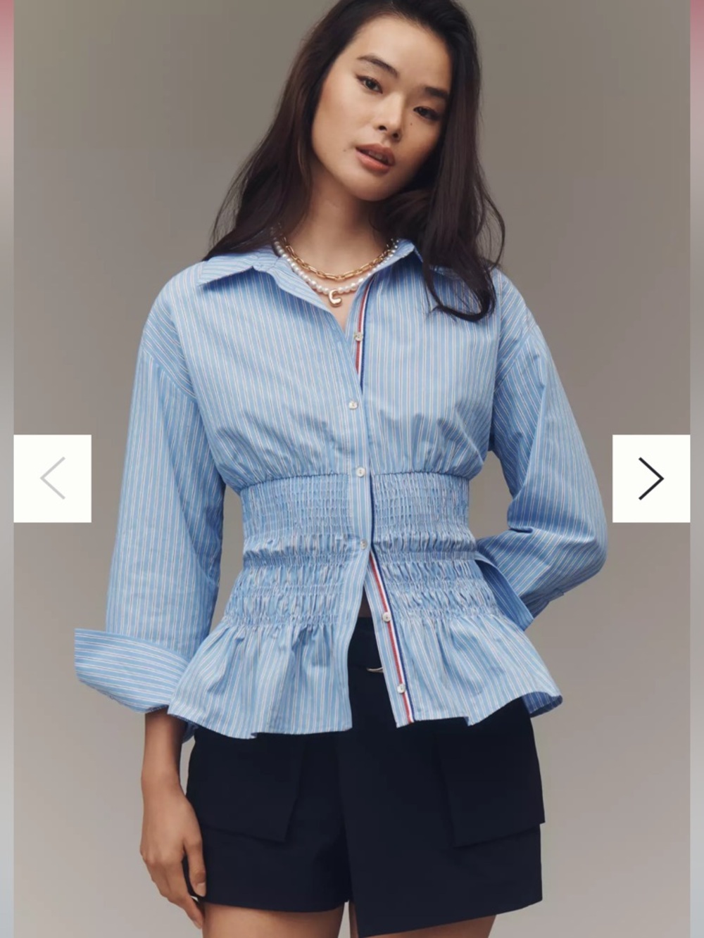 Anthropologie Light Blue Striped Peplum Shirred Waist Blouse